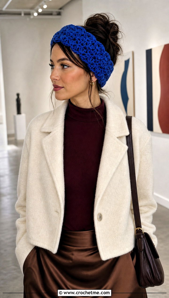 Star Stitch Crochet Ear Warmer With Satin Skirt - 25 Quick Crochet Ear Warmer outfit ideas