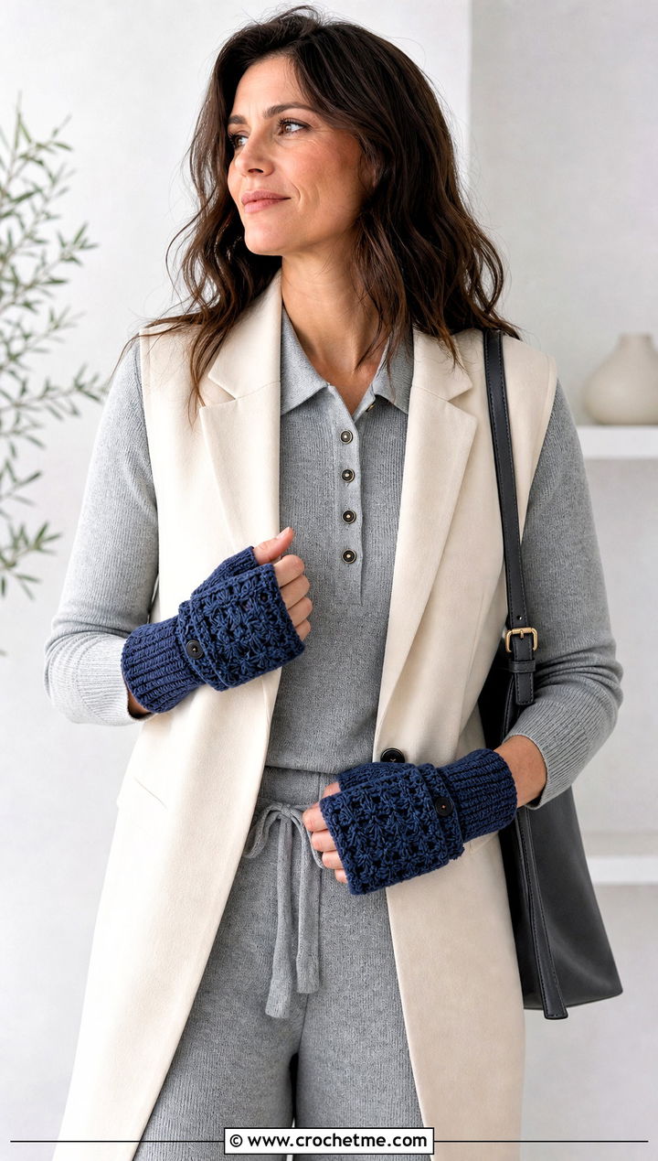 Star Stitch Crochet Fingerless Gloves With Flap And Knit Set - 30 crochet fingerless gloves with flap outfit ideas