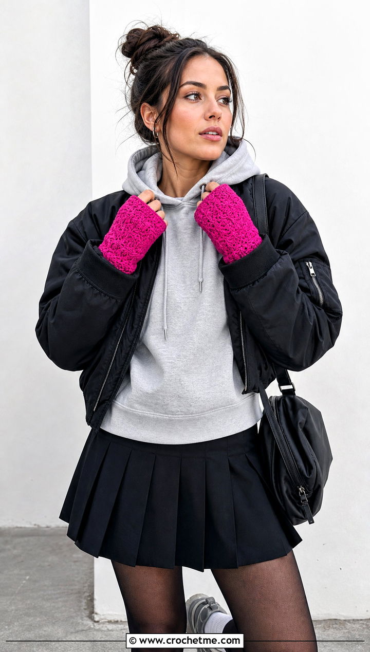 Star Stitch Crochet Fingerless Gloves With Hoodie - 25 finger less crochet gloves outfit ideas