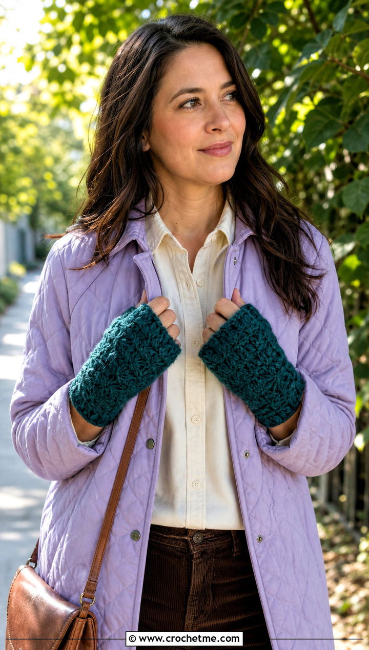 Star Stitch Crochet Fingerless Mitts With Quilted Jacket - 25 Crochet Fingerless Mitts outfit ideas