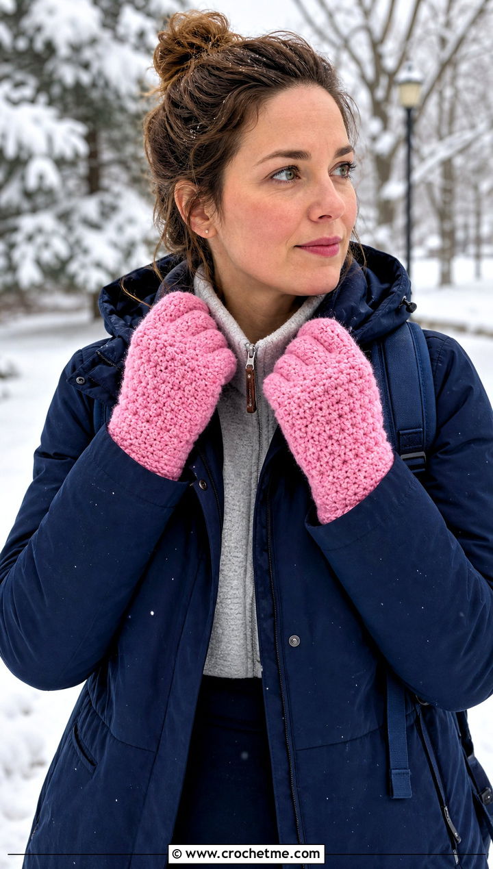 Star Stitch Crochet Gloves With Parka - 25 crocheted gloves outfit ideas