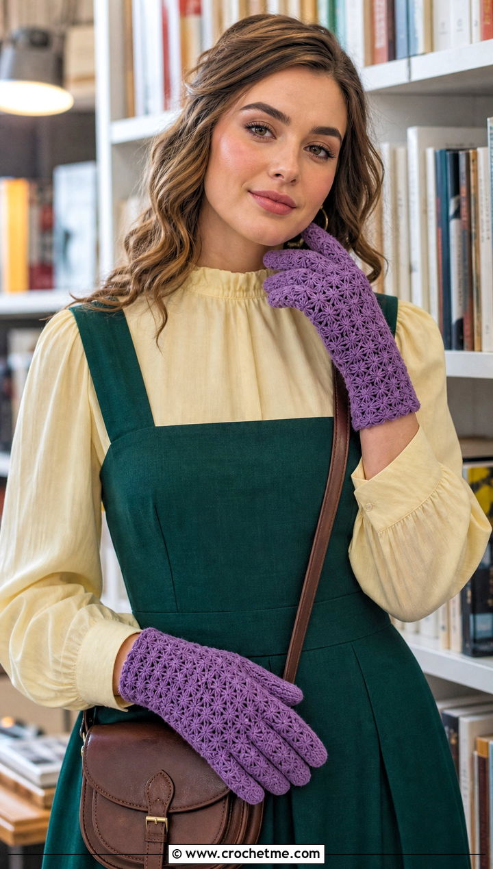 Star Stitch Crochet Gloves With Pinafore Dress - 30 aesthetic crochet gloves outfit ideas