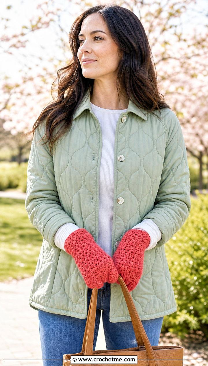 Star Stitch Crochet Gloves With Quilted Jacket - 35 crochet gloves fingers outfit ideas