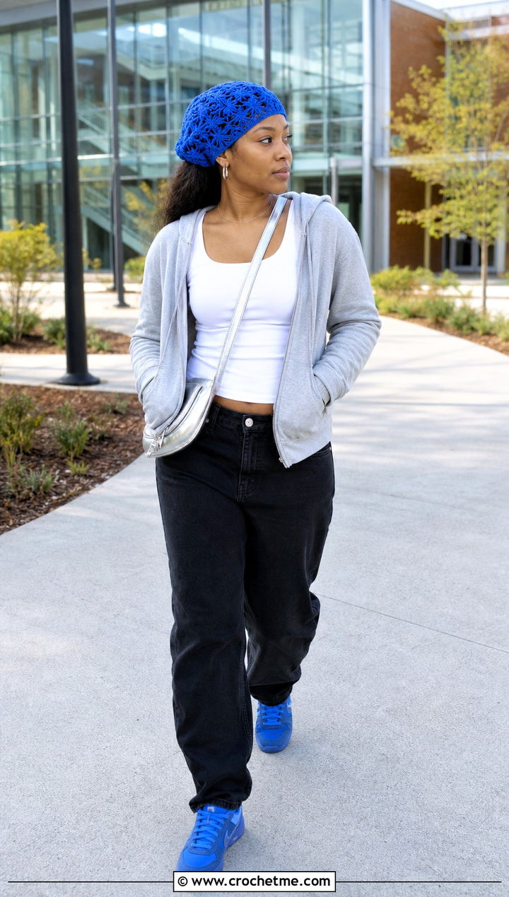 Star Stitch Crochet Hair Wrap With Hoodie And Jeans - 35 crochet hair wrap outfit ideas
