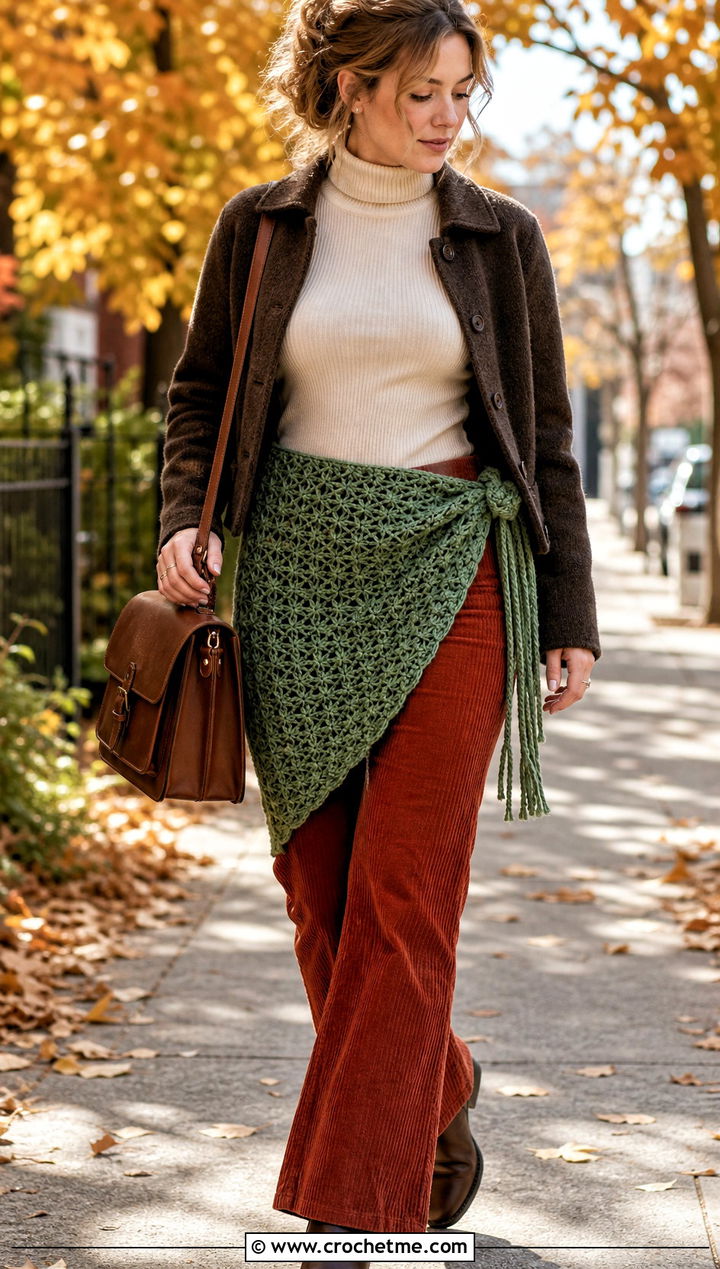 Star Stitch Crochet Hip Scarf With Corduroy Pants - 30 Crochet Hip Scarf outfit ideas
