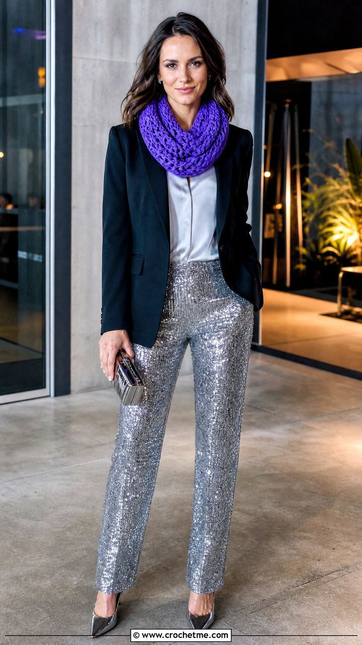 Star Stitch Crochet Infinity Scarf With Sequin Pants - 35 crochet infinity scarf outfit ideas
