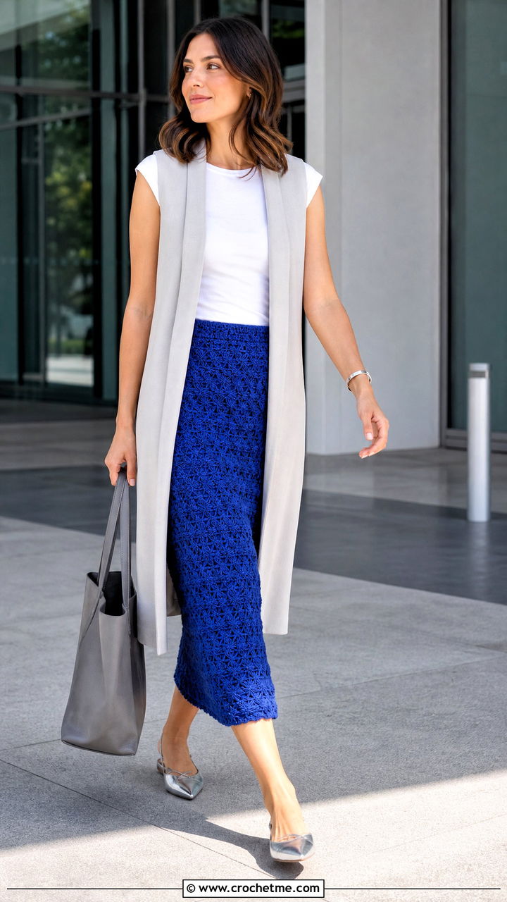 Star Stitch Crochet Midi Skirt With Longline Vest - 35 crochet midi skirt outfit ideas