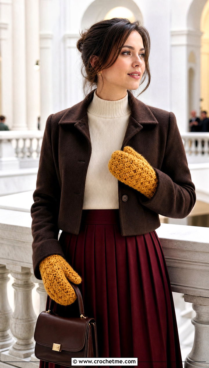 Star Stitch Crochet Mittens With Pleated Midi Skirt - 30 crochet hand mittens outfit ideas