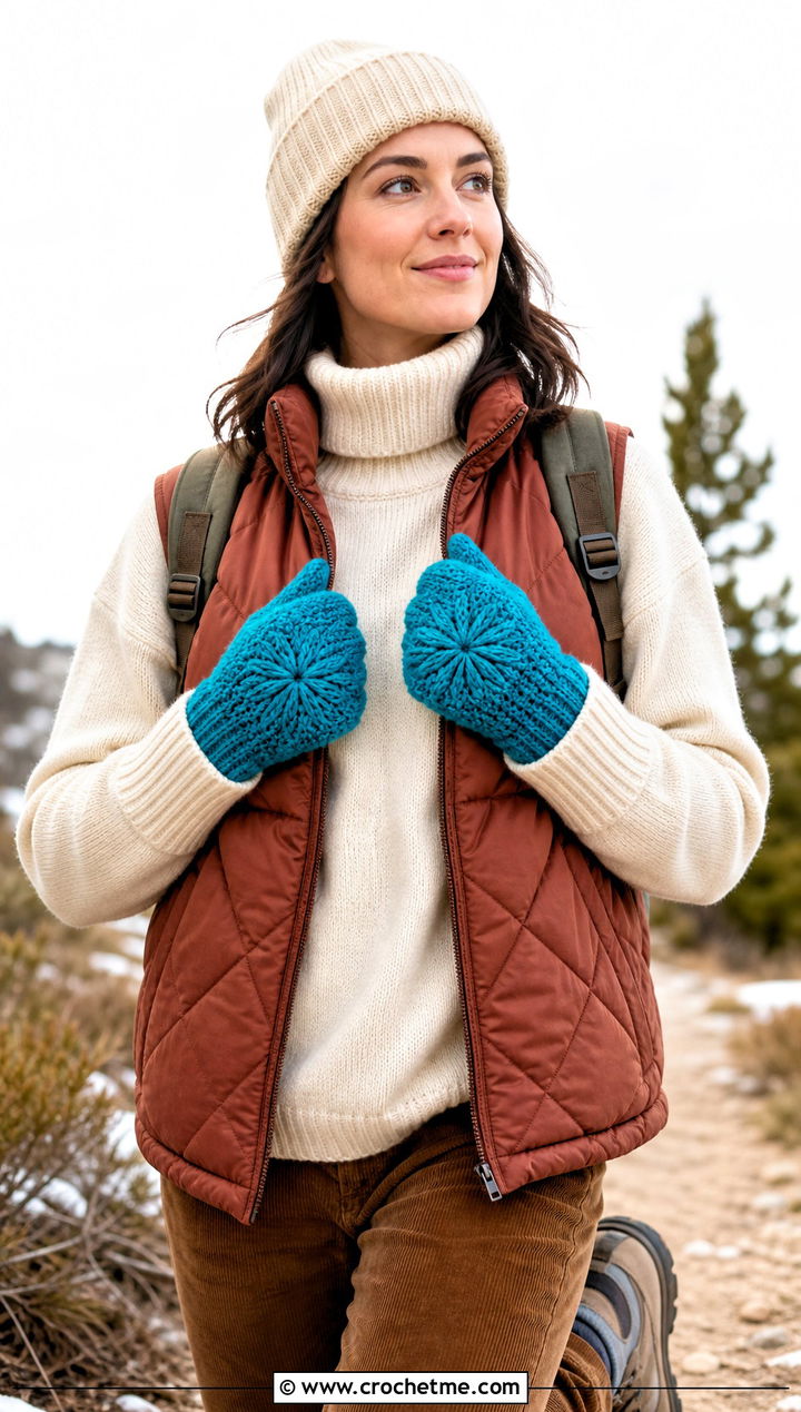 Star Stitch Crochet Mittens With Quilted Vest - 25 quick crochet mittens outfit ideas