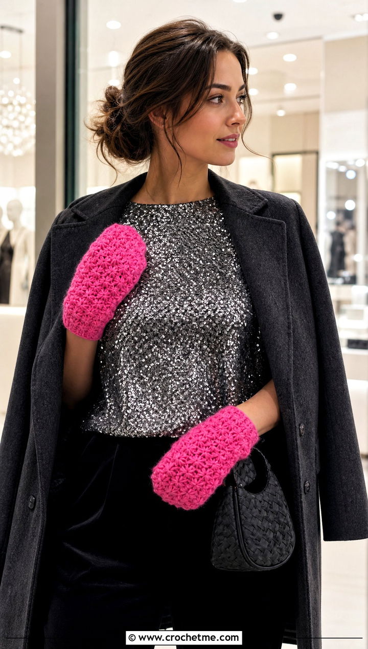 Star Stitch Crochet Mittens With Sequin Top And Velvet Trousers - 25 Easy Crocheted Mittens outfit ideas