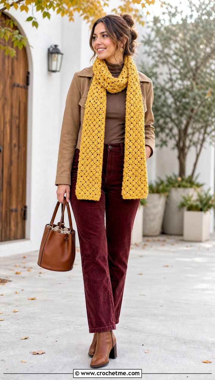 Star Stitch Crochet Scarf With Corduroy Outfit - 35 crocheted scarf outfit ideas