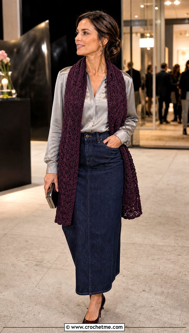 Star Stitch Crochet Scarf With Denim Column Skirt - 25 denim and crochet scarf outfit ideas