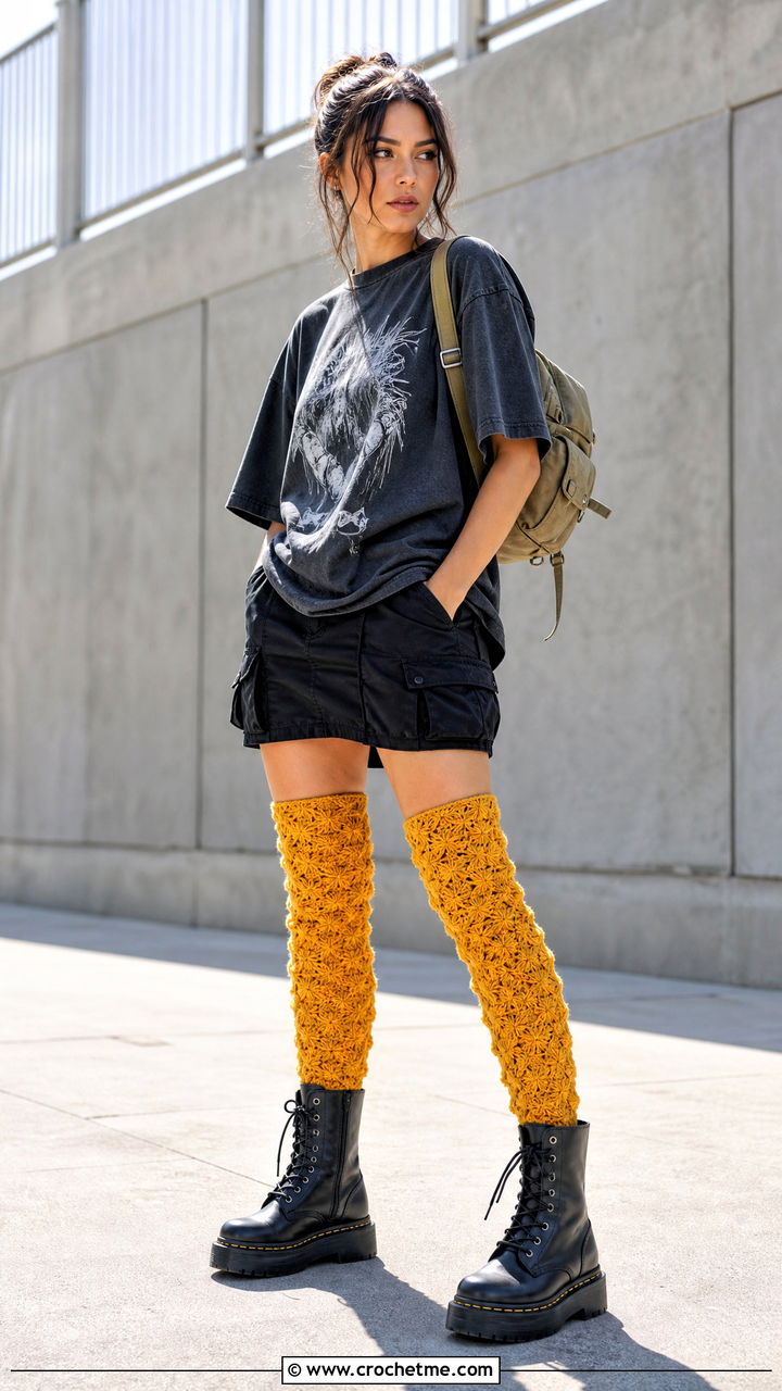 Star Stitch Crochet Thigh High Socks With Graphic T Shirt - 35 crochet thigh high socks outfit ideas