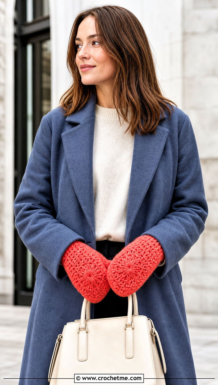 Star Stitch Crocheted Mittens With Car Coat - 30 Crocheted Mittens outfit ideas