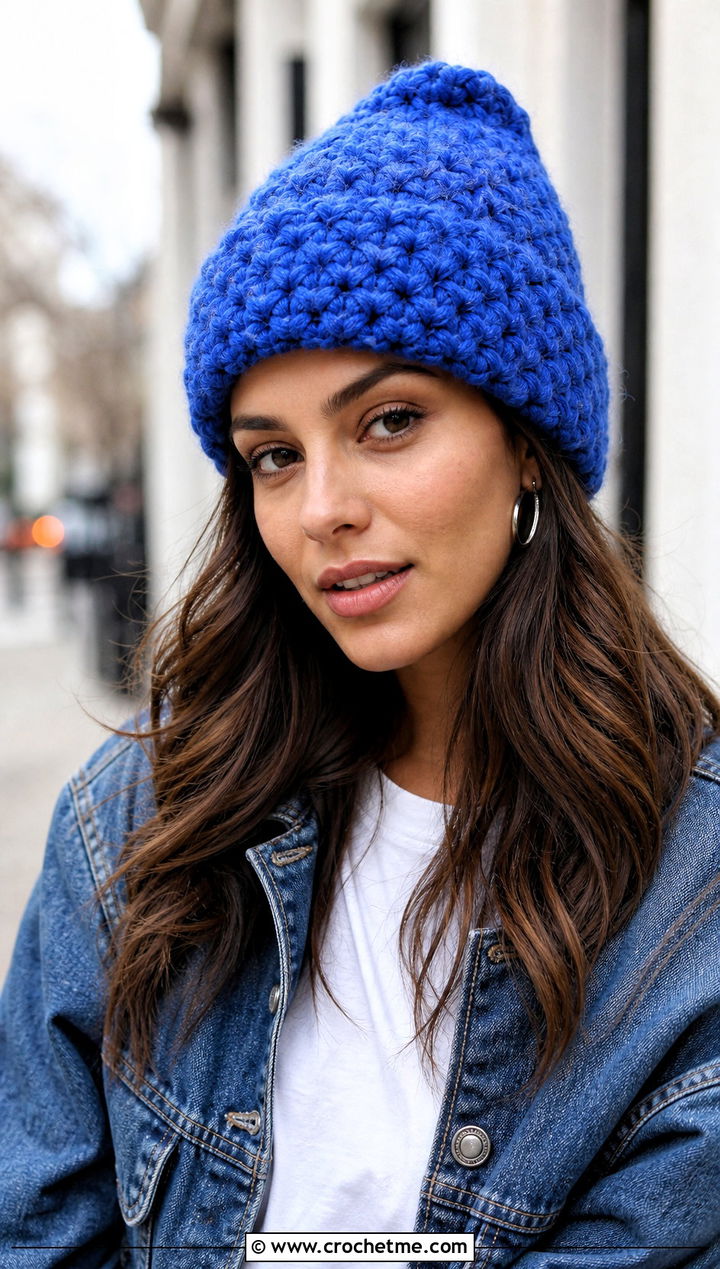 Star Stitch Cuffed Crochet Beanie With Denim Jacket - 20 Star Stitch Crochet Beanie outfit ideas