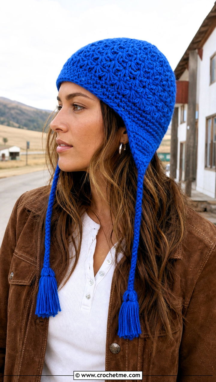 Star Stitch Earflap Crochet Beanie With Western Jacket - 20 Star Stitch Crochet Beanie outfit ideas