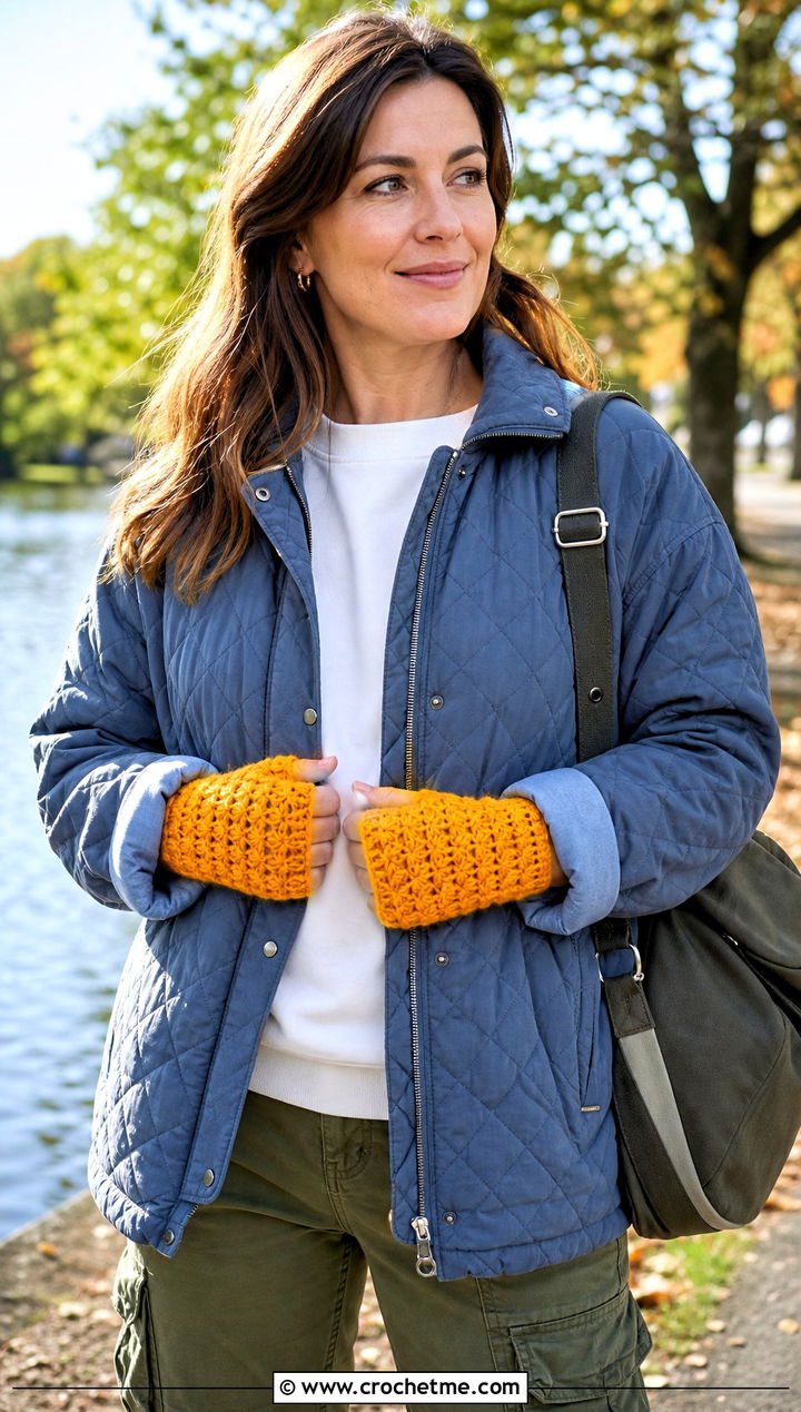 Star Stitch Fingerless Crochet Gloves With Quilted Jacket - 30 fingerless crochet gloves outfit ideas