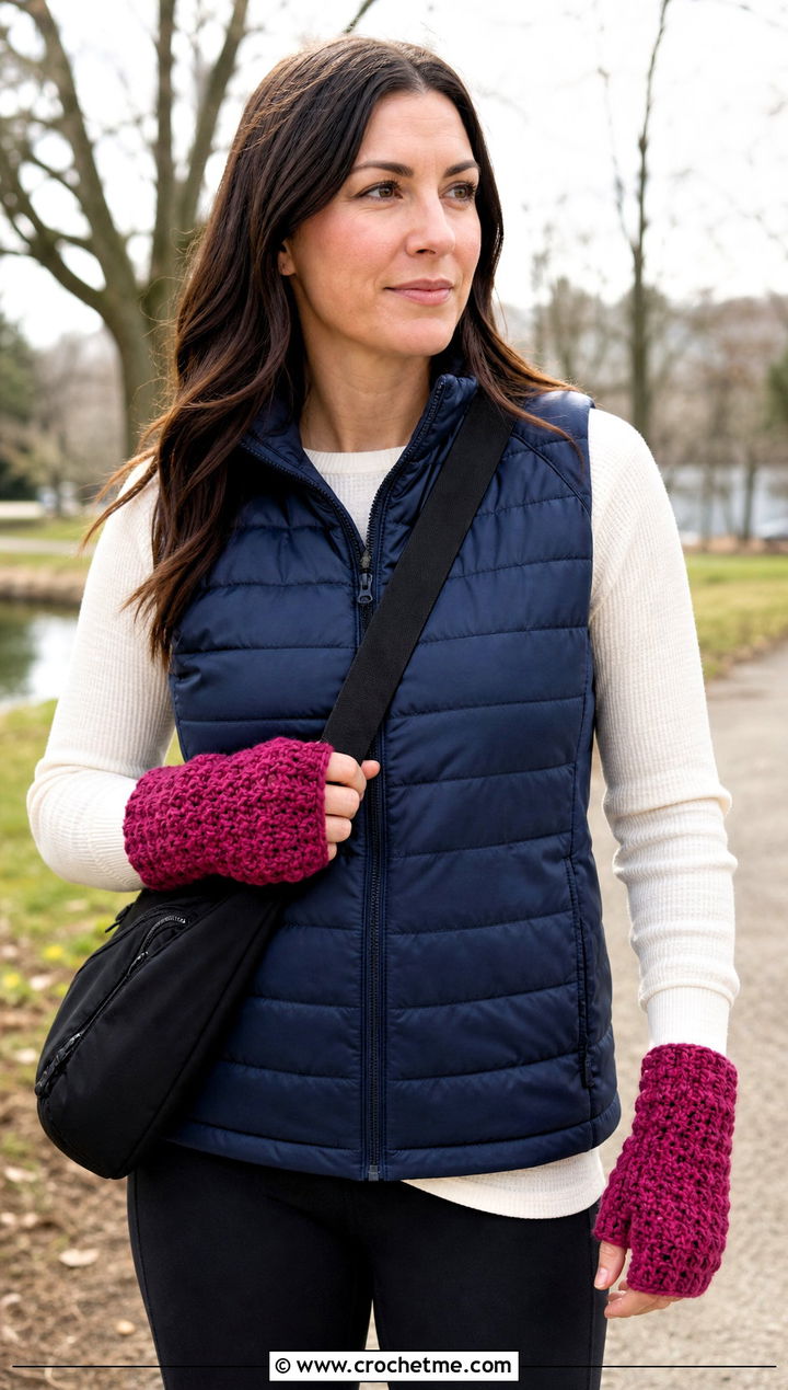 Star Stitch Fingerless Gloves With Puffer Vest And Thermal Leggings - 30 crocheted fingerless gloves outfit ideas