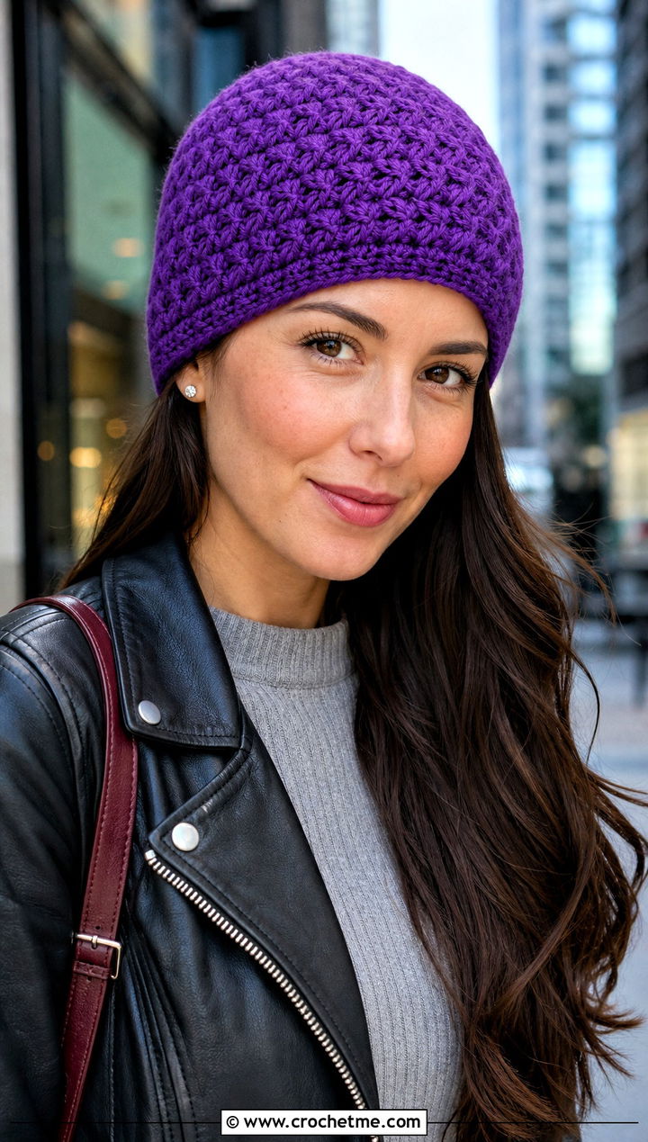 Star Stitch Fitted Crochet Beanie With Leather Jacket - 20 Star Stitch Crochet Beanie outfit ideas