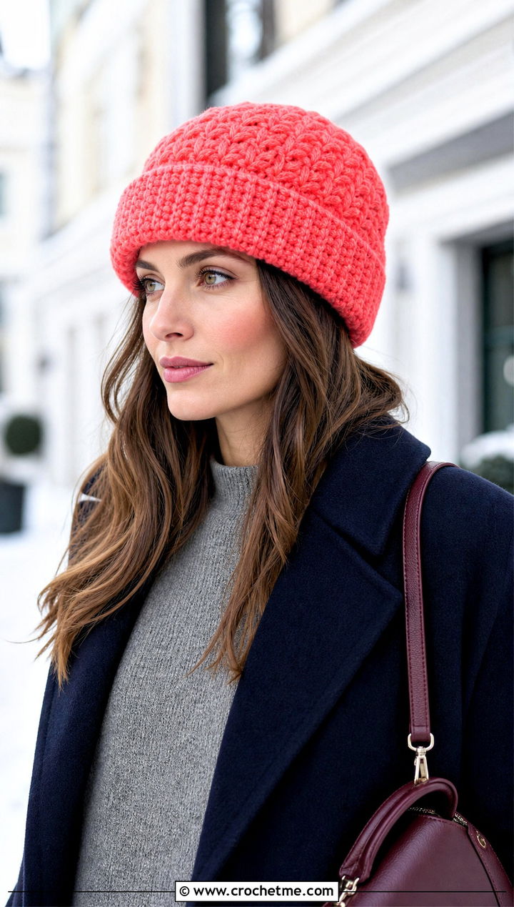 Star Stitch Folded Brim Crochet Beanie With Sweater Dress - 20 Star Stitch Crochet Beanie outfit ideas