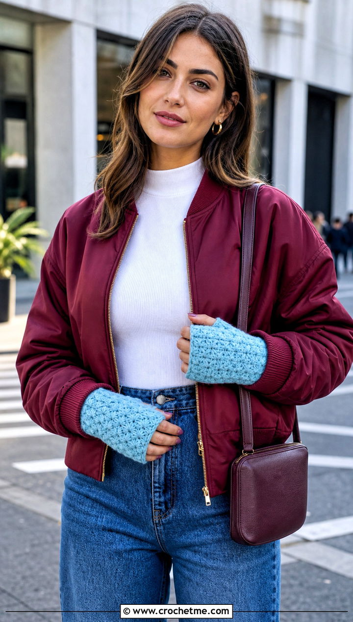 Star Stitch Half Finger Gloves With Bomber Jacket - 30 crochet half finger gloves outfit ideas
