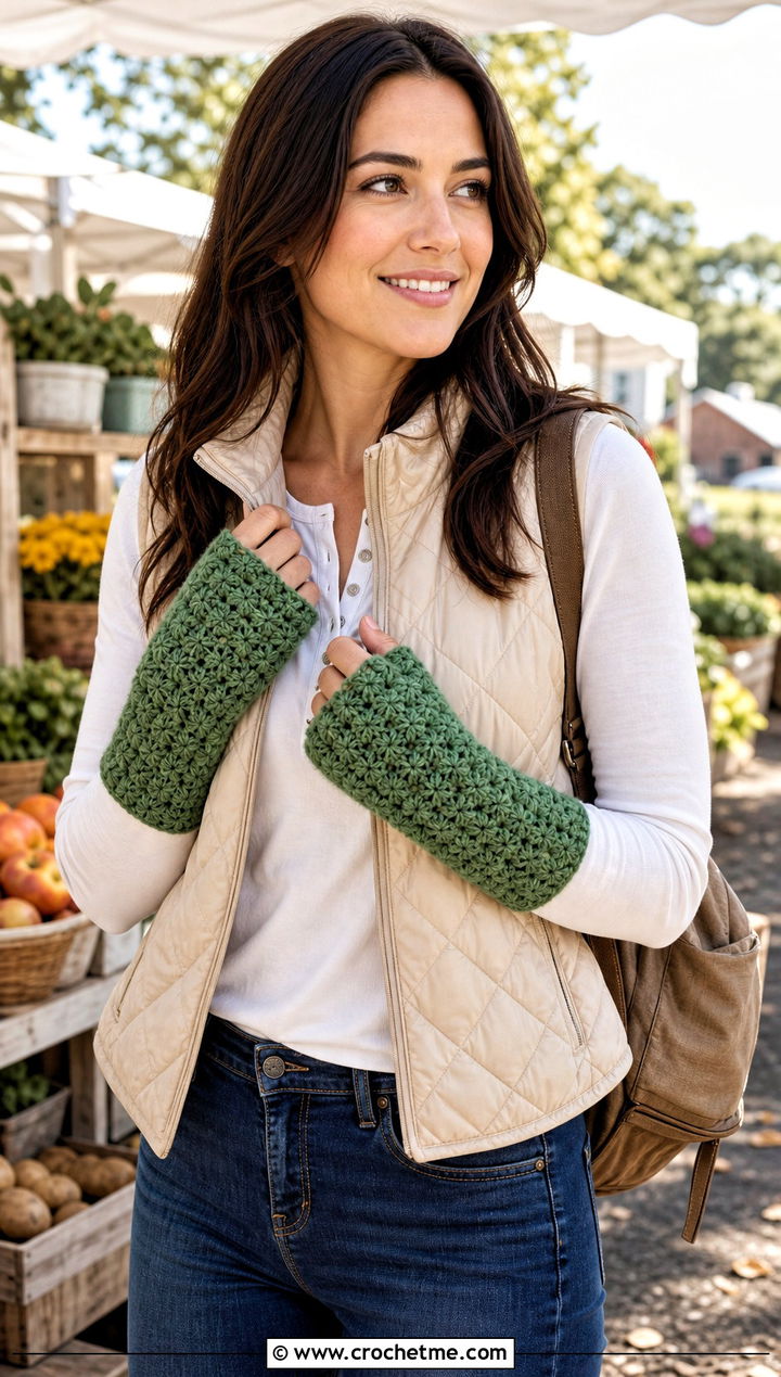 Star Stitch Hand Warmers With Quilted Vest - 30 easy crochet hand warmers outfit ideas