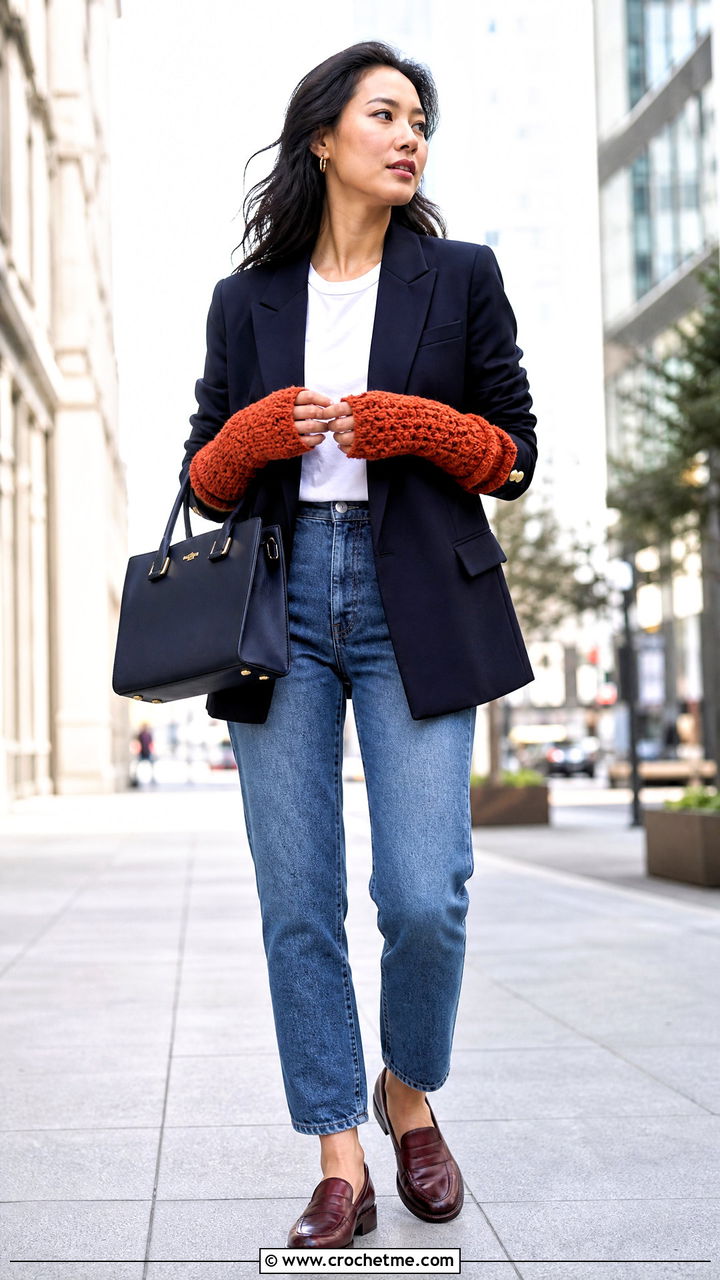 Star Stitch Handwarmers With Blazer And Jeans - 35 Crochet Handwarmer outfit ideas