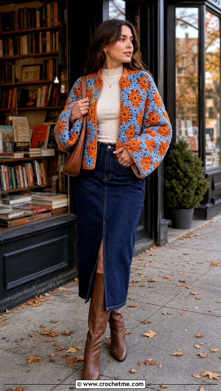 Star Stitch Howls Crochet Jacket With Denim Midi Skirt - 25 Howls Crochet Jacket outfit ideas