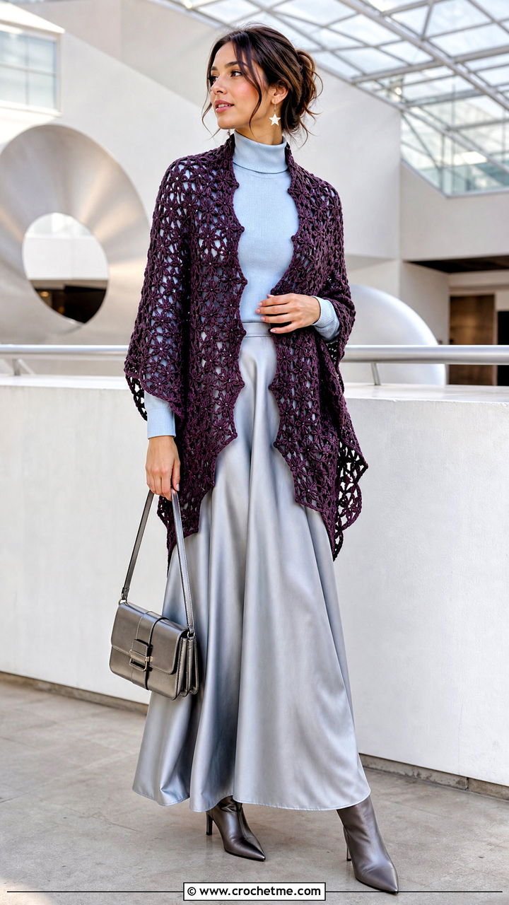 Star Stitch Lacy Crochet Shawl With Turtleneck And Maxi Skirt - 35 lacy crochet shawl outfit ideas