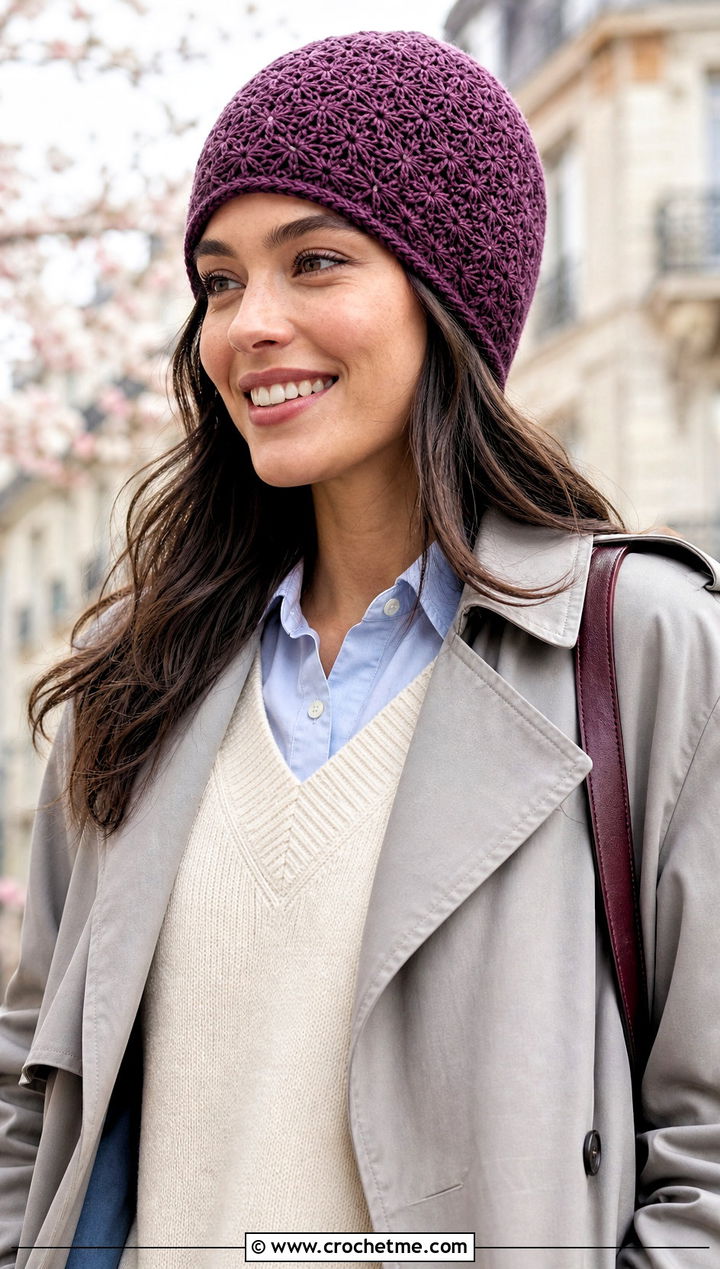 Star Stitch Lightweight Crochet Beanie With Spring Layers - 20 Star Stitch Crochet Beanie outfit ideas