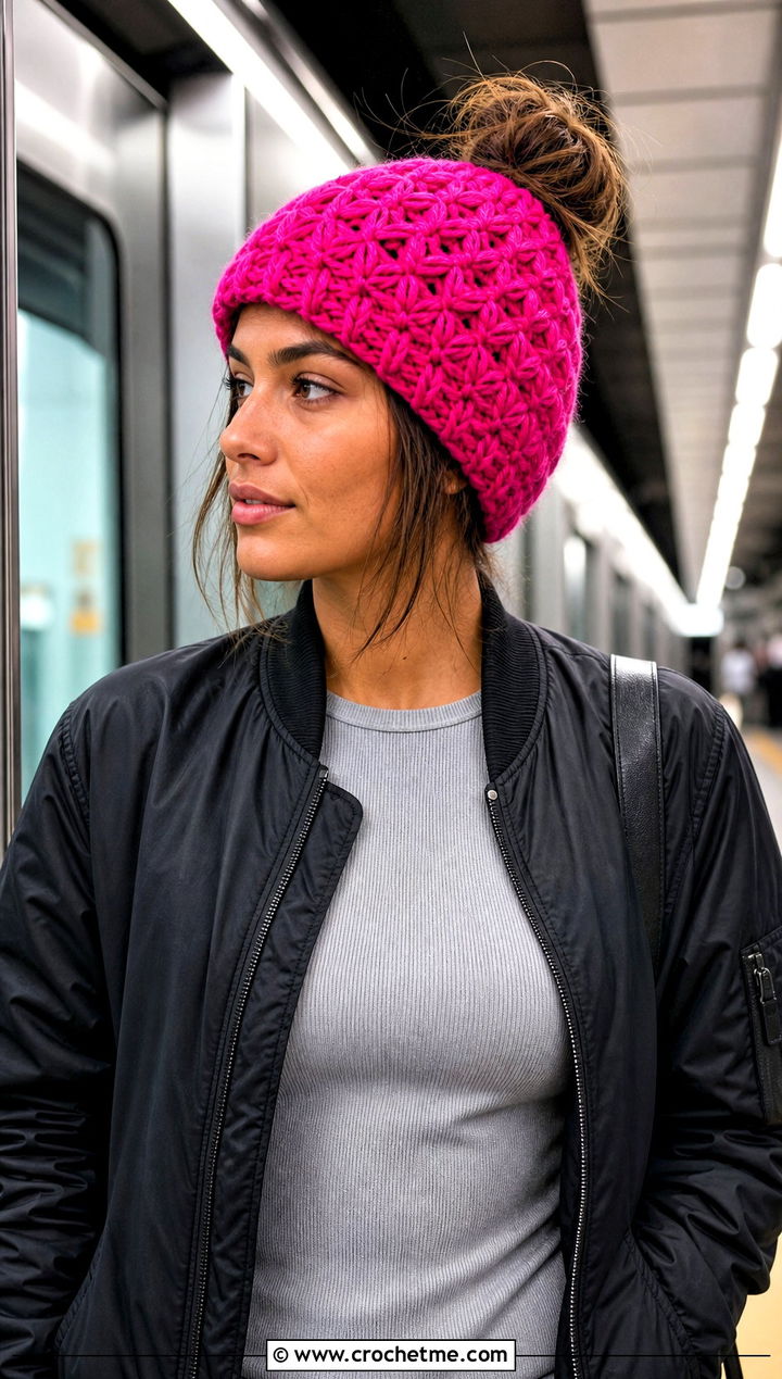 Star Stitch Messy Bun Crochet Beanie With Bomber Jacket - 30 easy messy bun crochet beanie outfit ideas