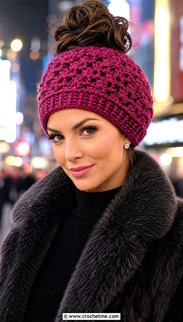 Star Stitch Messy Bun Crochet Hat With Faux Fur Coat - 25 messy bun crochet hat with hair tie outfit ideas