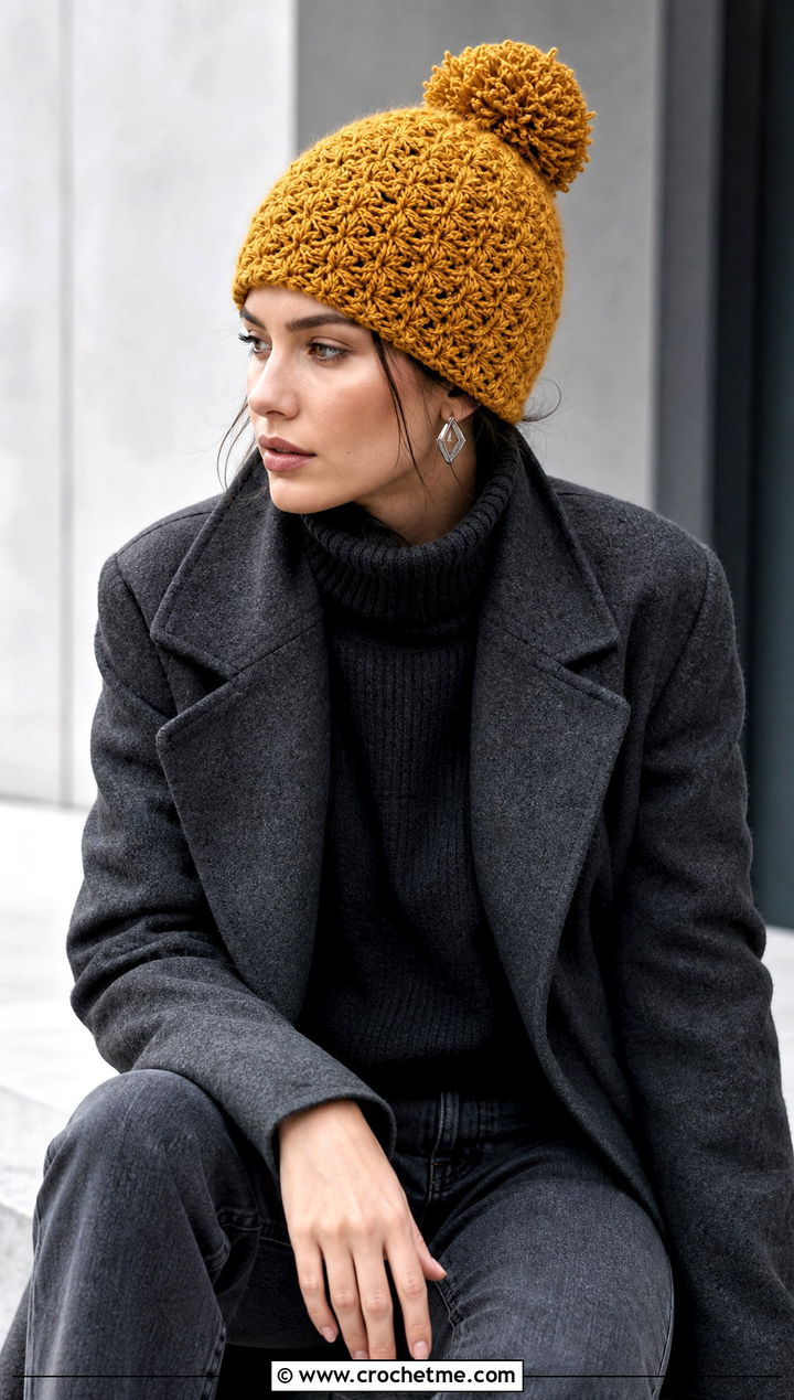 Star Stitch Messy Bun Crochet Hat With Monochrome Outfit - 25 Messy Bun Crochet Hat outfit ideas