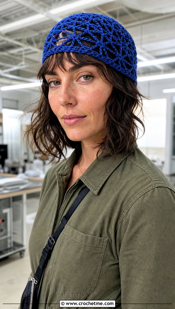 Star Stitch Net Cap With Utility Jumpsuit - 25 crochet net hat outfit ideas