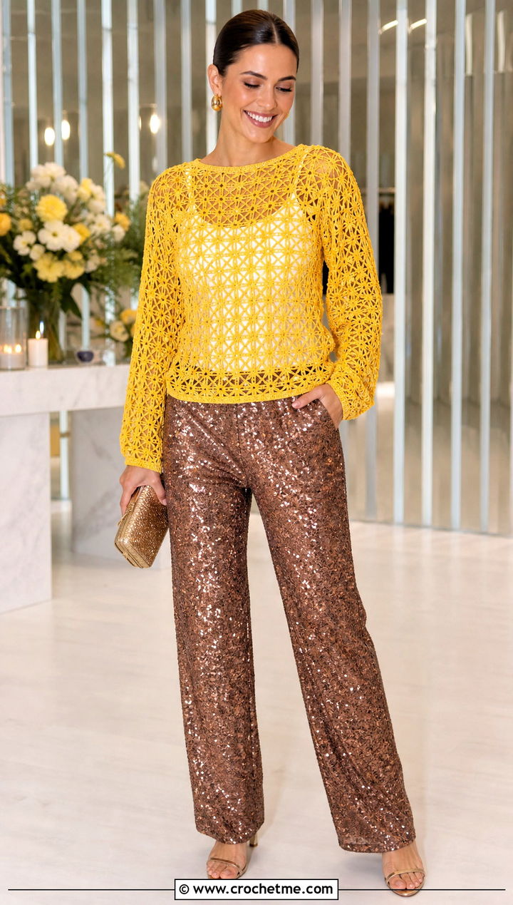 Star Stitch Openwork Top With Sequin Pants - 30 Crochet Top With Holes outfit ideas