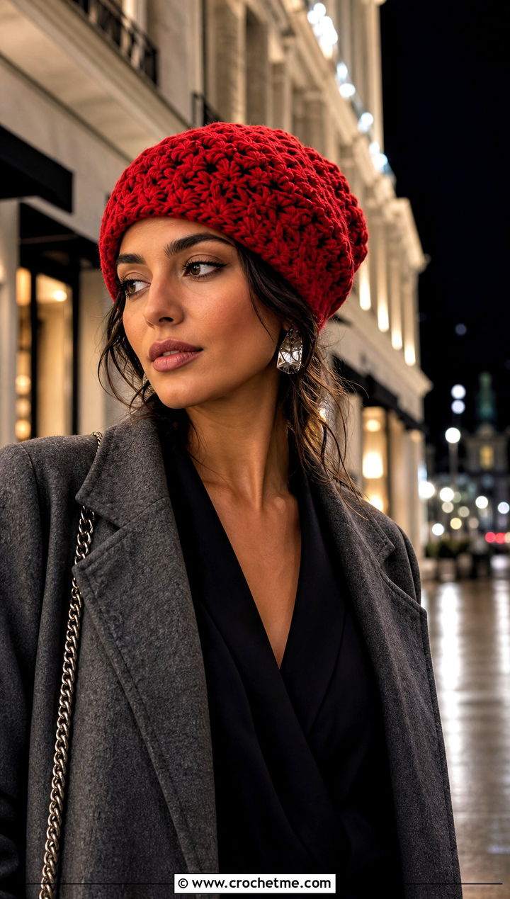Star Stitch Oversized Crochet Beanie With Evening Coat - 20 Star Stitch Crochet Beanie outfit ideas