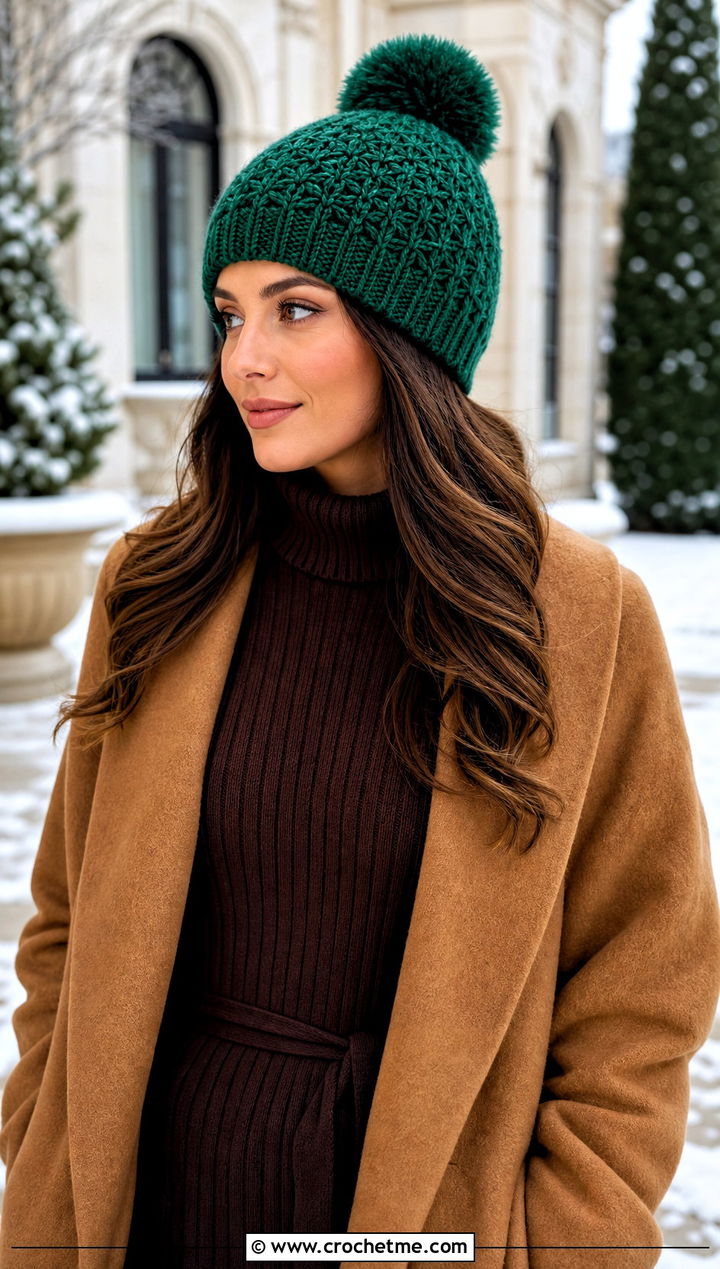 Star Stitch Pom Pom Beanie With Sweater Dress - 30 crochet beanie with pom pom outfit ideas