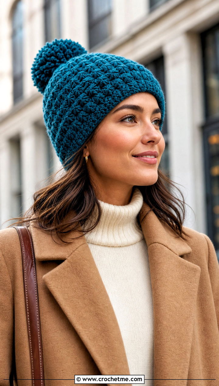Star Stitch Pom Pom Crochet Beanie With Wool Coat - 20 Star Stitch Crochet Beanie outfit ideas