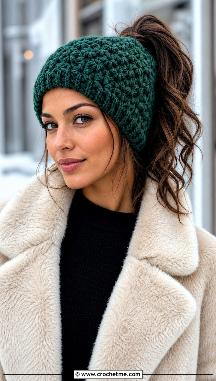 Star Stitch Ponytail Beanie With Faux Fur Jacket And Dark Jeans - 30 crochet beanie with ponytail hole outfit ideas