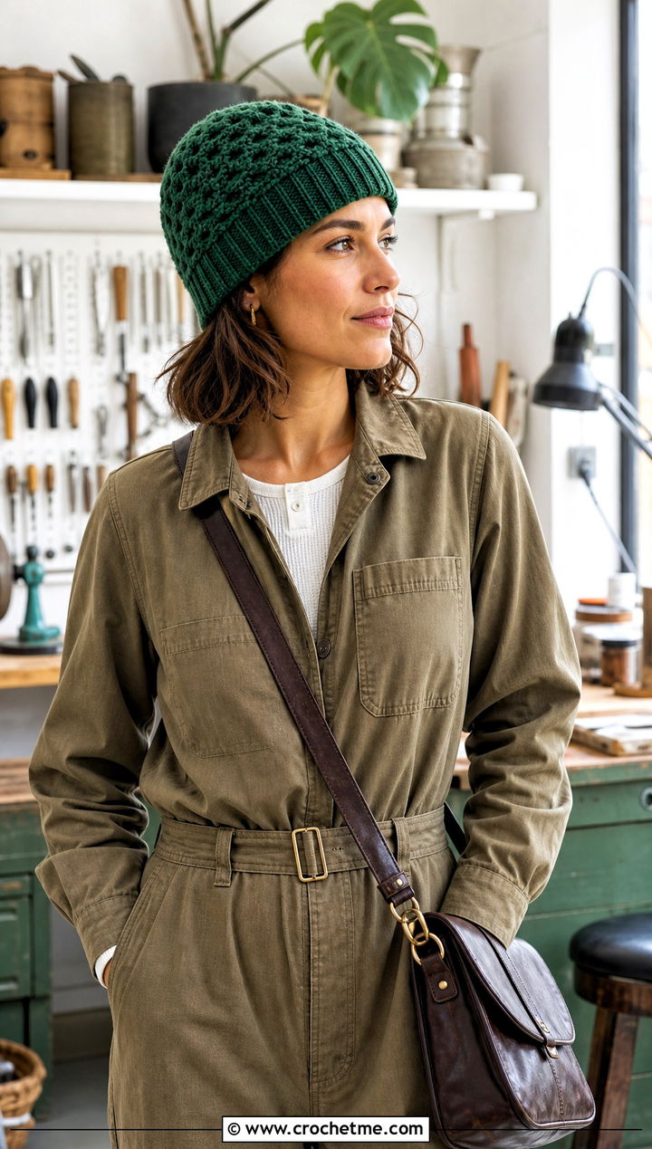 Star Stitch Ribbed Brim Crochet Beanie With Utility Jumpsuit - 20 Star Stitch Crochet Beanie outfit ideas