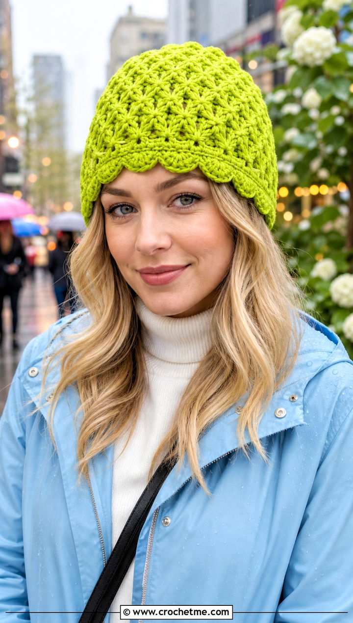 Star Stitch Scalloped Edge Crochet Beanie With Raincoat - 20 Star Stitch Crochet Beanie outfit ideas