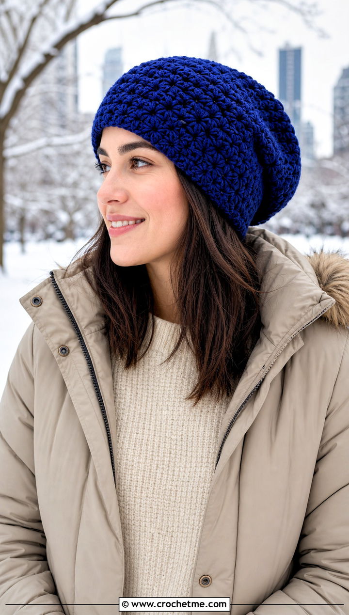 Star Stitch Slouch Crochet Beanie With Parka - 30 slouch crochet beanie outfit ideas