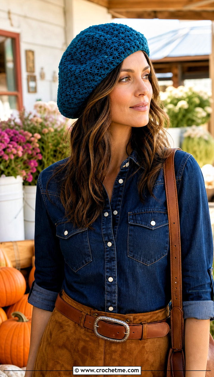 Star Stitch Slouchy Crochet Beret With Western Shirt - 25 Slouchy Crochet Beret outfit ideas