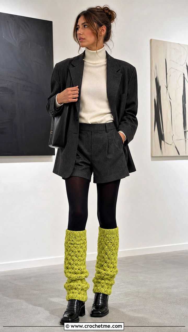 Star Stitch Slouchy Crochet Leg Warmers With Tailored Shorts - 25 Slouchy Crochet Leg Warmers outfit ideas