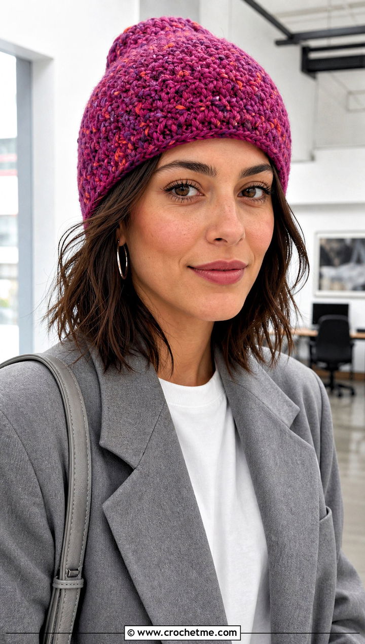 Star Stitch Speckled Crochet Beanie With Trouser Suit - 20 Star Stitch Crochet Beanie outfit ideas
