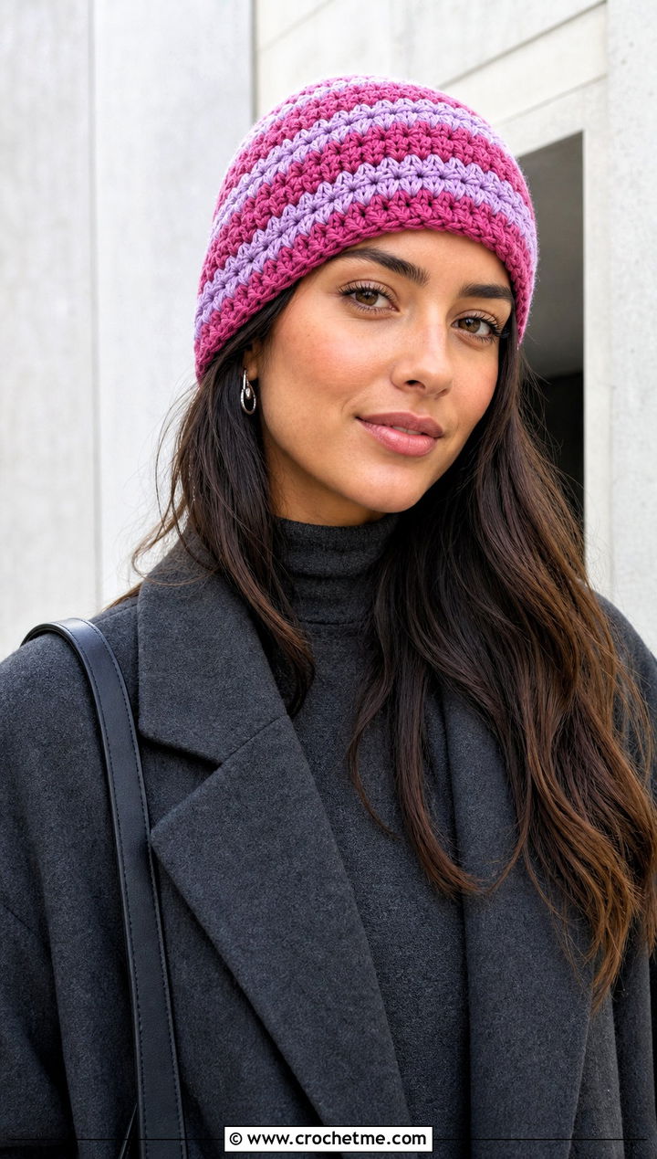 Star Stitch Striped Crochet Beanie With Monochrome Outfit - 20 Star Stitch Crochet Beanie outfit ideas