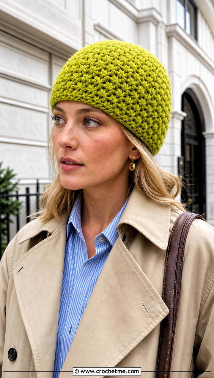Star Stitch Top Down Crochet Beanie With Trench Coat - 20 Star Stitch Crochet Beanie outfit ideas