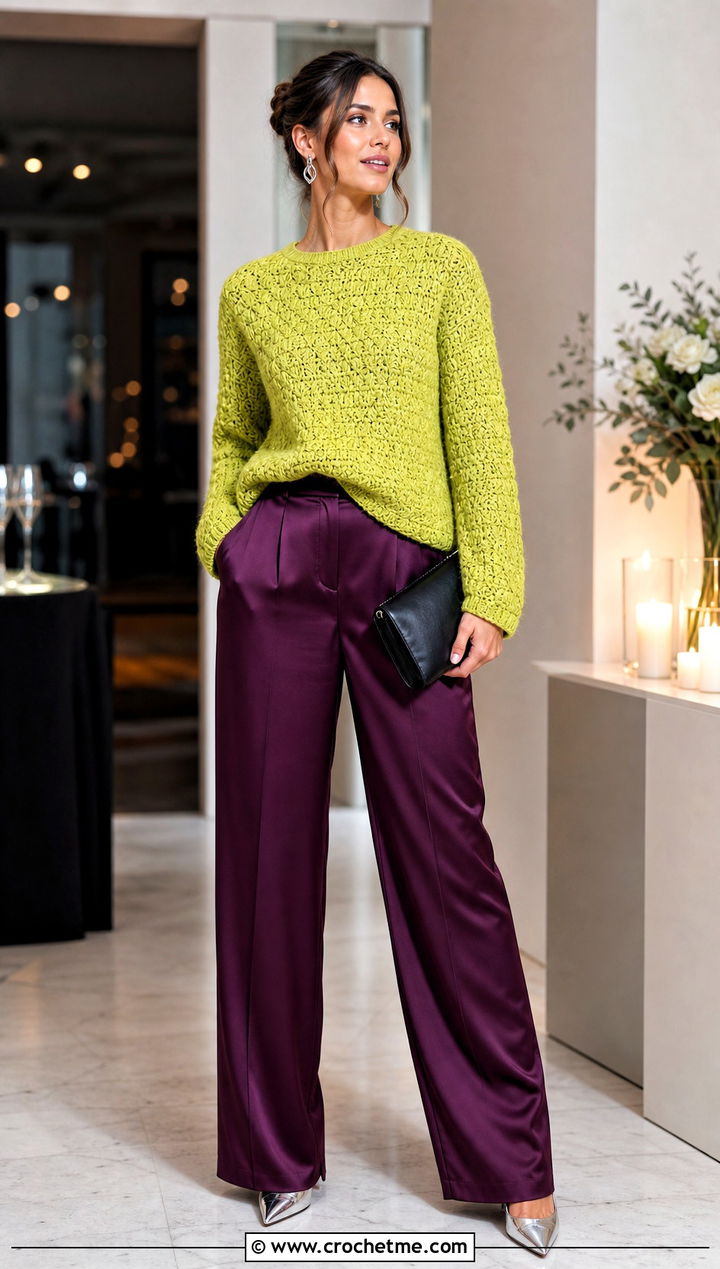 Star Stitch Tunisian Crochet Jumper With Satin Trousers - 30 tunisian crochet jumper outfit ideas