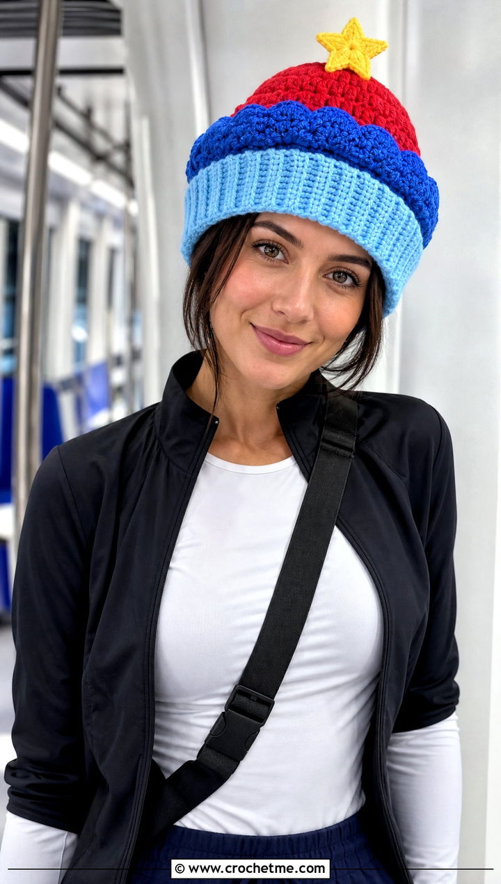 Star Top Crochet Cupcake Hat With Track Pants - 30 crochet cupcake hat outfit ideas