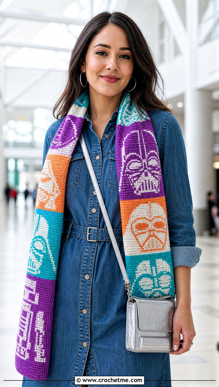 Star Wars Logo Tapestry Scarf With Denim Dress - 15 Crochet Star Wars Scarf outfit ideas